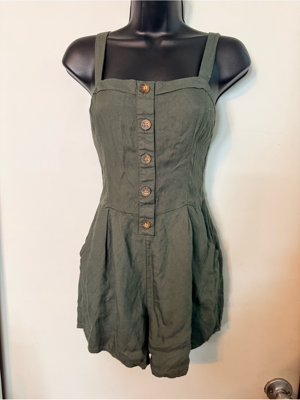 Hollister Olive Green Button-Front Linen Romper Sz S